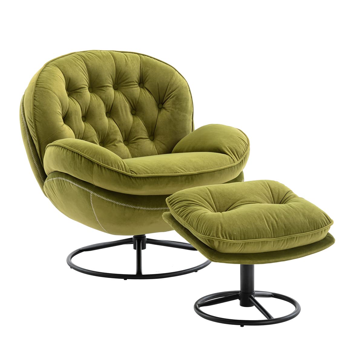 TRIPLE TREE Modern Swivel Accent Chair, Mid-Century Lounge Chair and Ottoman Set, Velvet Upholstered Button Tufted Recliner Chair, Reading Chair with Footrest for Living Room Indoor Bedroom, Green TRIPLE TREE