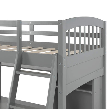 Merax Twin Size Grey Loft Bed with Desk and Shelves - Solid Pine Wood Frame - WoodArtSupply