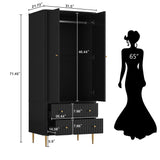 HLR Armoire Wardrobe Closet with Drawers, 72" Tall Modern Bedroom Armoire with Hanging Rod, Large freestanding Wooden Wardrobe Cabinet for Bedroom, Cloak Room (Black) HLR