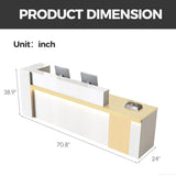 Anzhap L-Shaped Standing Reception Desk with LED Lights, Front Desk Reception Counter with Drawer, Open Storage Cabinets for Office, Salon, Lobby (Maple + White/Right, 71" L * 24" W * 39" H) Anzhap