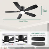 52inch Ceiling Fans with Lights, Low Profile Ceiling Fan with Light and Remote/APP Control, Flush Mount, Reversible Motor, Dimmable LED, Noiseless, Black Ceiling Fan for Bedroom Indoor Outdoor Use FUMLTP