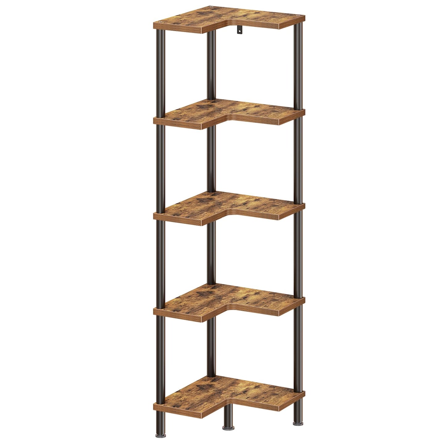 YATINEY Corner Shelf Stand, 5 Tier Corner Bookshelf with Storage, Tall L Shaped Corner Shelves Display Shelf, Industrial Tiered Rack Small Space for Bedroom, Living Room, Rustic Brown SJ03BR