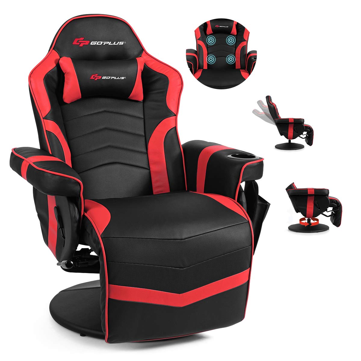 POWERSTONE Gaming Recliner Massage Gaming Chair with Footrest Ergonomic PU Leather Single Sofa with Cup Holder Headrest and Side Pouch, Adjustable Living Room Chair Seating, Red POWERSTONE