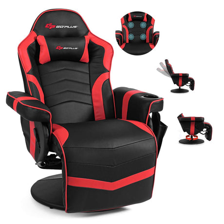 POWERSTONE Gaming Recliner Massage Gaming Chair with Footrest Ergonomic PU Leather Single Sofa with Cup Holder Headrest and Side Pouch, Adjustable Living Room Chair Seating, Red POWERSTONE