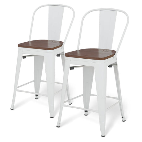 Athena Collection 24.5'' Counter Height Chairs High Back Bar Stools Set of 2, Farmhouse Wooden Seat Metal Frame Barstools Bar Dining Chairs with Footrest for Pub, Bistro, Kitchen, White Athena Collection