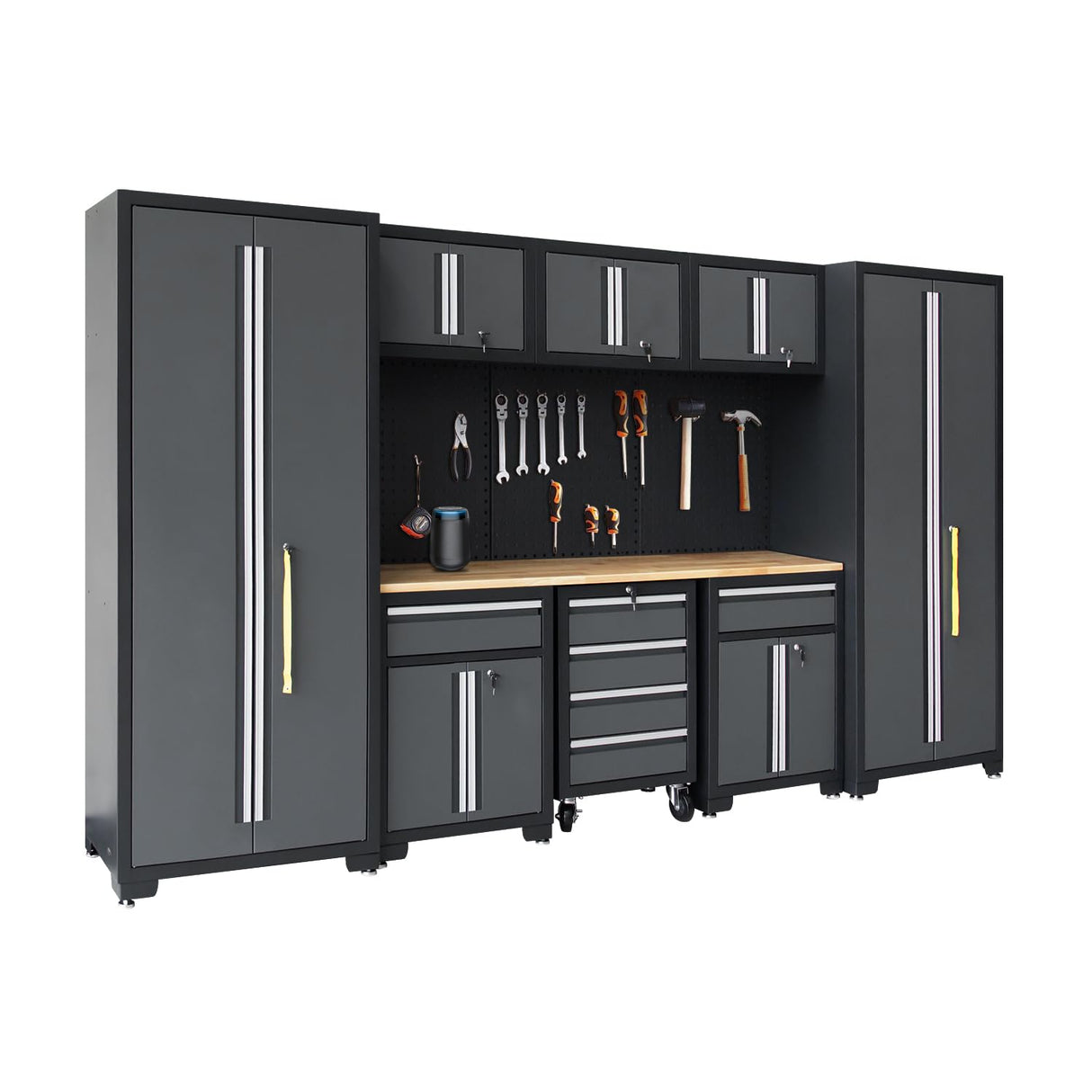 HPDMC Garage Storage Cabinet System 9-Pcs Workshop Set Garage Cabinets and Storage System with Steel Cabinet Drawers, Rolling Chest, Workbench, Pegboard for Garage Tool Organization, Black and Grey HPDMC