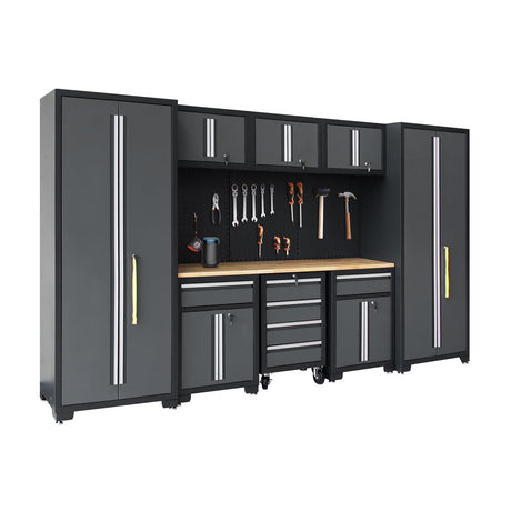HPDMC Garage Storage Cabinet System 9-Pcs Workshop Set Garage Cabinets and Storage System with Steel Cabinet Drawers, Rolling Chest, Workbench, Pegboard for Garage Tool Organization, Black and Grey HPDMC