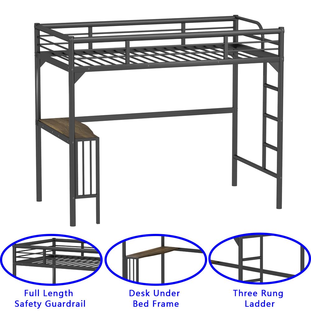 HomJoones Metal Loft Bed,Metal Twin Loft Bed Frame,Mattress Foundation,Space-Saving,Noise Free, for Adults/Teens,No Box Spring Needed,Easy Assembly,Twin (Black) HomJoones