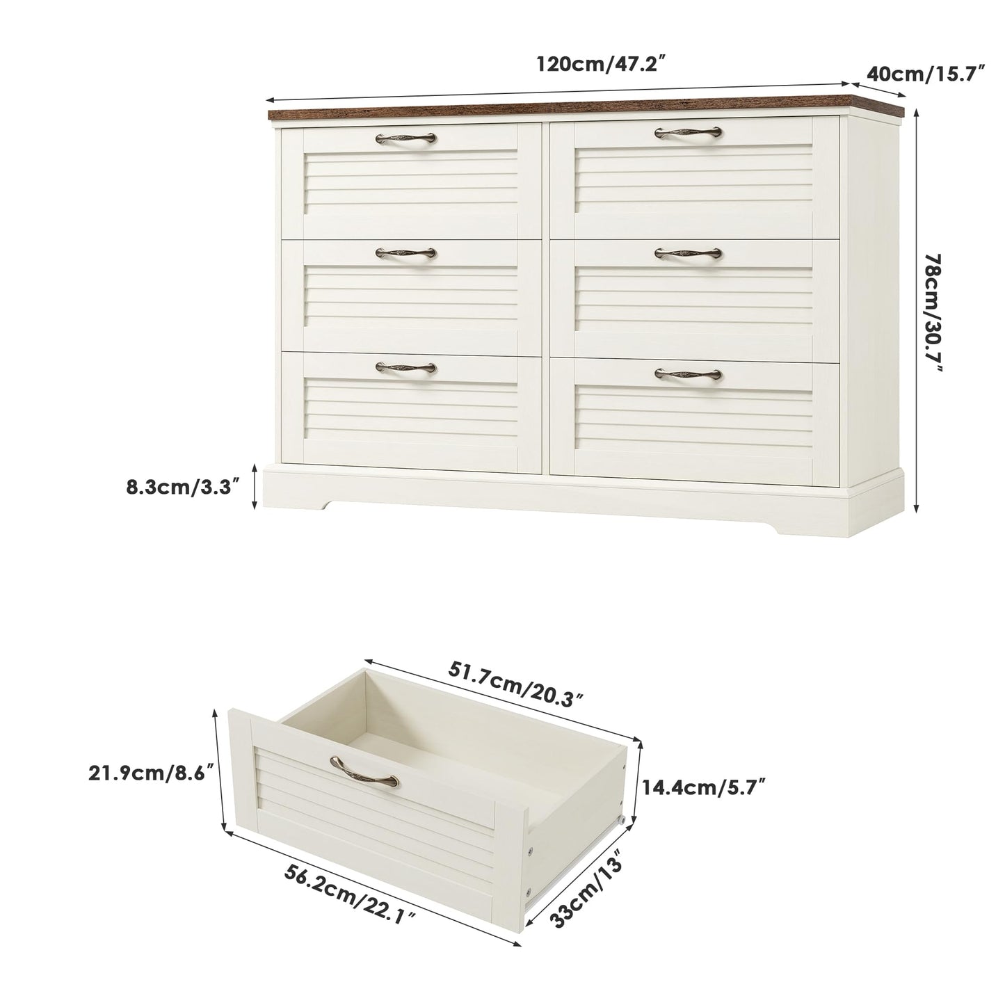 TTVIEW 6 Drawer Dresser TV Stand, Modern Farmhouse Chest of Drawers with Handles, 47.2" W x 15.7" Dx 30.7" H, Wide Dresser Chest for Bedroom Living Room, Entryway, Hallway, Oak White - WoodArtSupply