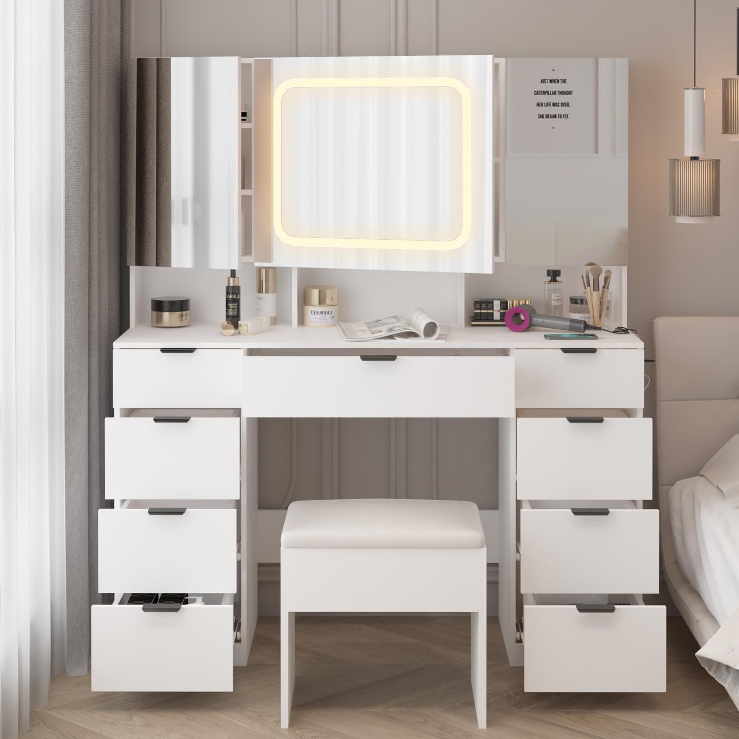 VINGLI 47'' Vanity Desk with LED Lighted Large Mirror & Cushioned Stool, Makeup Vanity Set with 3 Hidden Cabinets & Lighting in 3 Colors & 9 Drawers & Charging station for Bedroom Dressing Room, White