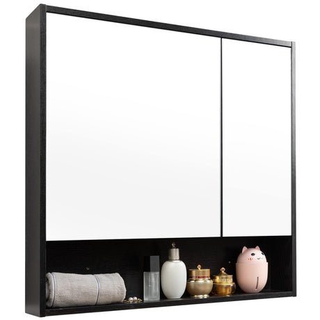 ALIMORDEN Medicine Cabinet with Mirror and Shelves, Oversized Bathroom Wall Storage Organizer Over The Vanity, Toilet, Recessed or Surface Mount, 30.4" L x 29.5" H, Black ALIMORDEN