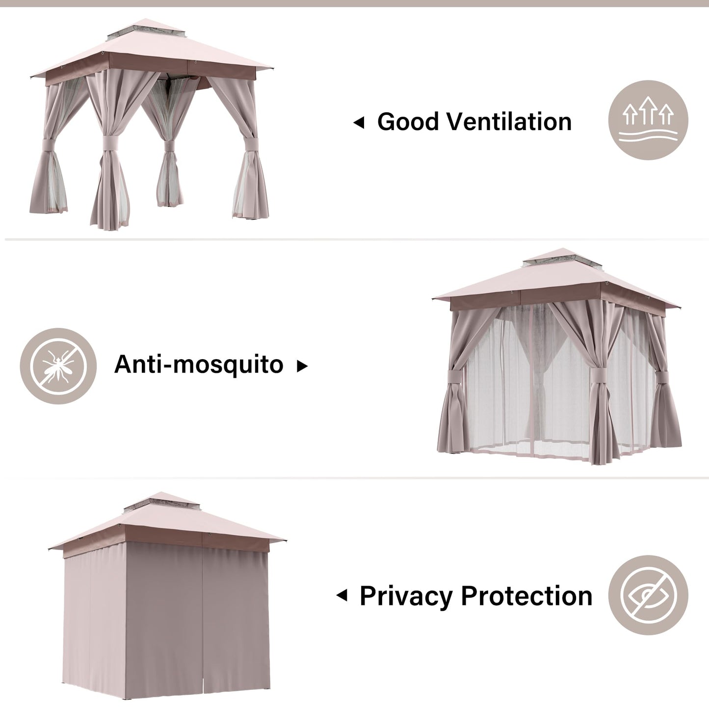 LAUSAINT HOME Outdoor Patio Gazebo 8'x8' with Expansion Bolts, Heavy Duty Gazebos Shelter Party Tent with Double Roofs, Mosquito Nettings and Privacy Screens for Backyard, Garden, Lawn, Khaki - WoodArtSupply