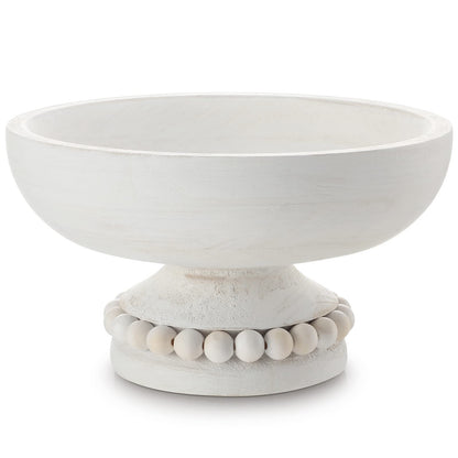 Amyhill Distressed Beaded Wood Pedestal Bowl Decorative Wooden Beaded Bowl Wood Pedestal Bowl Beaded Serving Bowl for Farmhouse Kitchen Decor (White) - WoodArtSupply