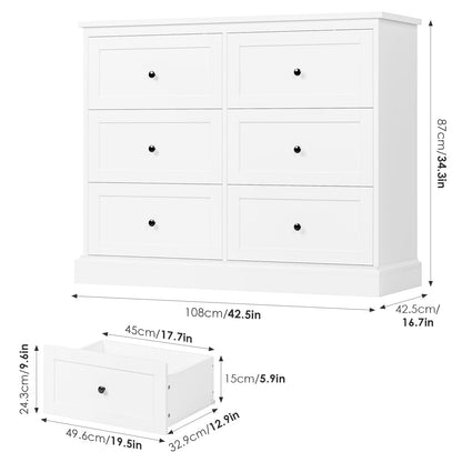 FOTOSOK White Dresser, 6 Drawer Dresser White, Modern Double Chest with Deep Drawers, Wide Storage Organizer Cabinet for Living Room Home