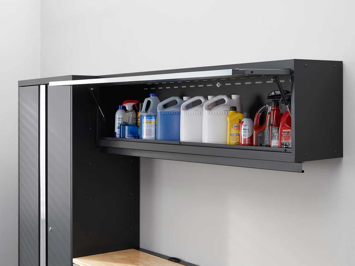 NewAge Products Bold Series Gray All-in-one 4pc Set, 30 in. Locker, Wall Cabinet, 60 in RTA Workbench with Bamboo Worktop, 24-Gauge Heavy Duty Steel Garage Storage Cabinets, 73501 NewAge Products Inc.