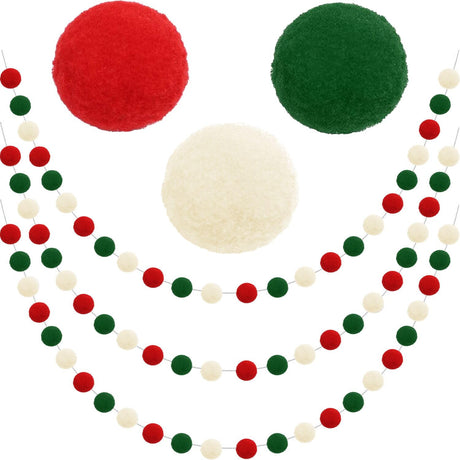 Jishi Christmas Pom Pom Garland Christmas Decorations for Tree Indoor Home Room Decor 3pk Cute Hanging Felt Ball Red White Green Pompom Bead Ornament String Banner Garland Xmas Birthday Party Supplies Jishi
