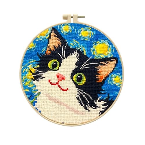 LSLFQYQSK Beginners Embroidery Kits - The Little Cat at Night DIY Cross Stitch Kits,Including,Stamped Flower Patterns,Hoop,Color Threads,Tools (Style C)