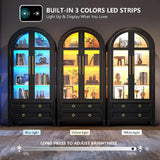 EOAWE Arched Curio Cabinet with Glass Doors, 4-Tier Display Cabinet with 2 Drawers, Tall Bookcase with 3 Color Lights, Display Case, Kitchen Pantry, Black+Wood EOAWE