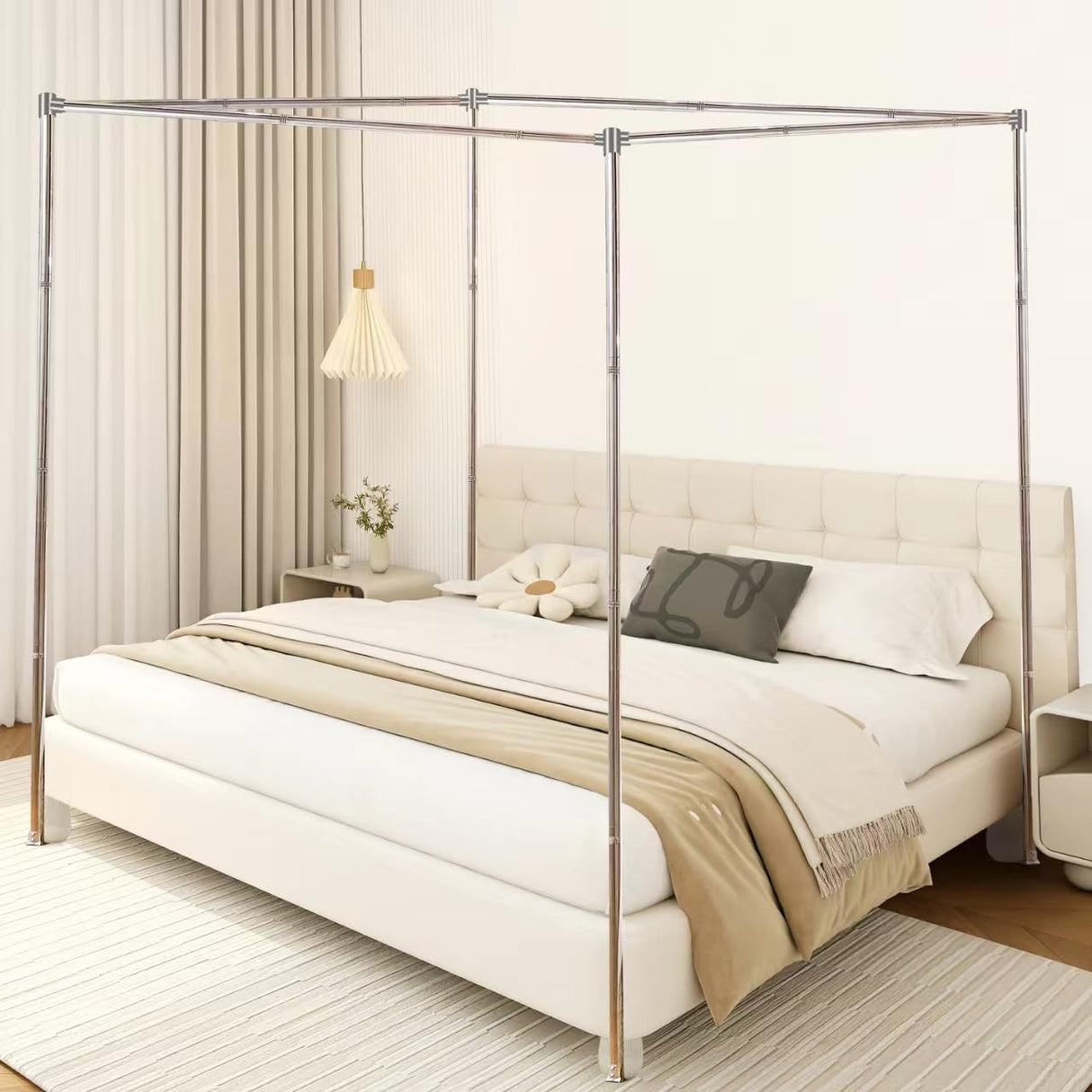 Mosqutent King Size Canopy Bed Frame with Stainless Steel Poles and Bedroom Decor Bracket Mosqutent