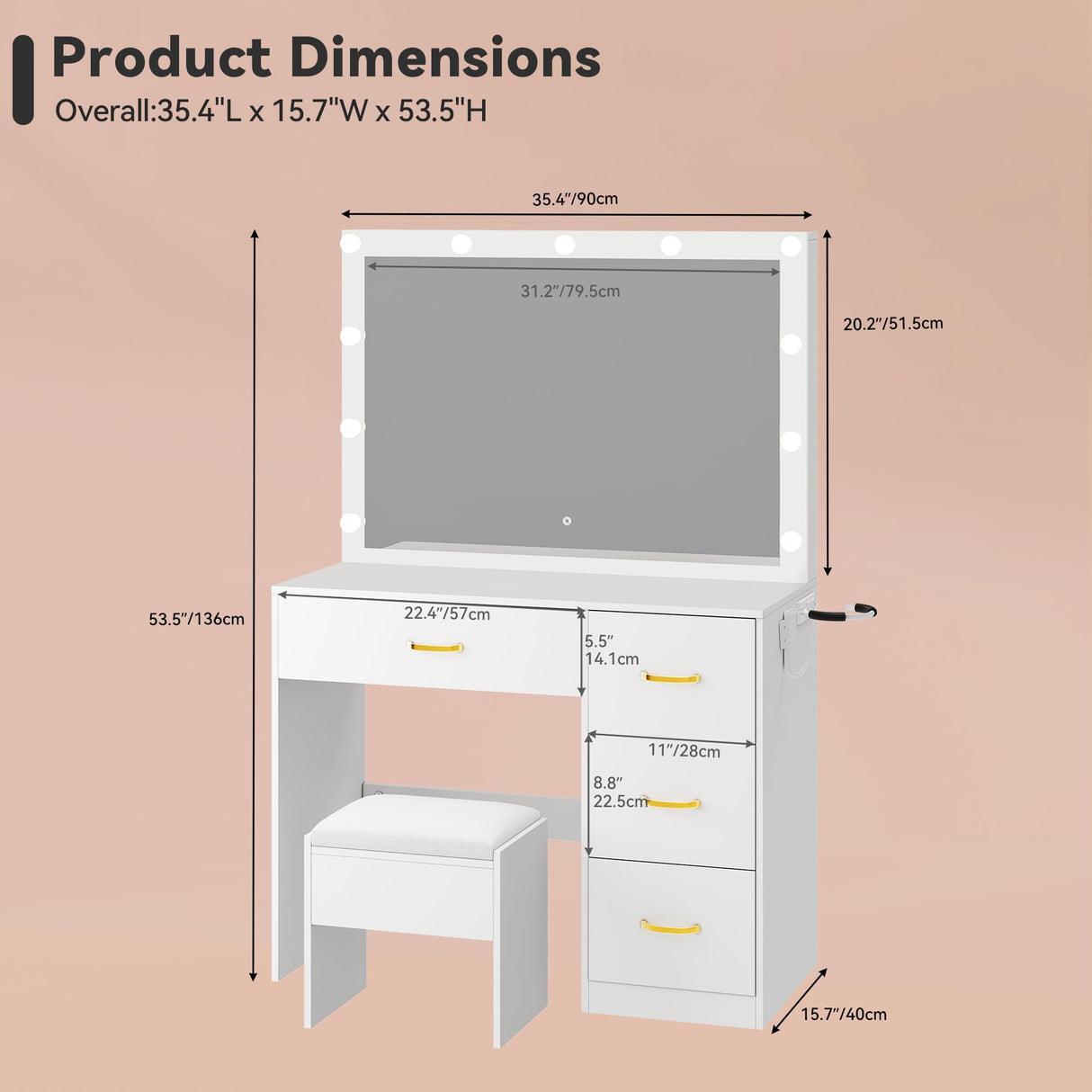 YITAHOME Vanity Desk, Vanity Mirror with Lights, Makeup Vanity Set with 4 Drawers, 3 Lighting Modes, Charging Station and Vanity Bench YITAHOME