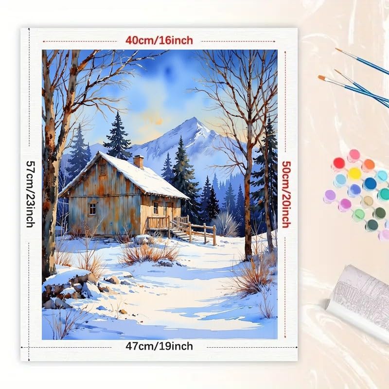 Winter Scene Paint by Numbers Kit for Adults - DIY Rustic Snowy Cabin and Pine Trees Painting on Canvas 16x20 Inches, Acrylic Paint Set, Suitable for Beginners, Art for Home Decoration or Gifts DecorFriday