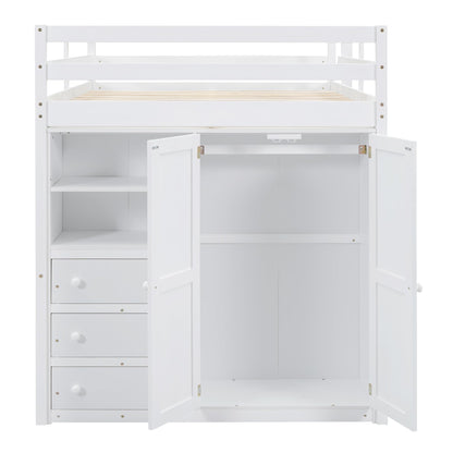 SOFTSEA Full Size Loft Bed with Desk & Wardrobe, Functional Loft Bed with Storage Drawers and Shelves, Wooden High Loft Bed Frame with Ladder for