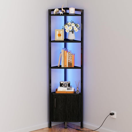 Furnulem Corner Shelf,5-Tier Corner Cabinet with Storage and LED Light, 62.8” Standing Display Bookshelf for Bedroom, Living Room, Kitchen, Wood Display Shelf (Black Oak) Furnulem