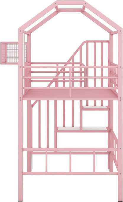 Virubi Twin Kids Loft Bed with Stairs, Low Loft Bed with Roof, Safety Rail and Storage Box, Metal Loft Bed with Storage House Loft Bed for Kids Girls (Pink)