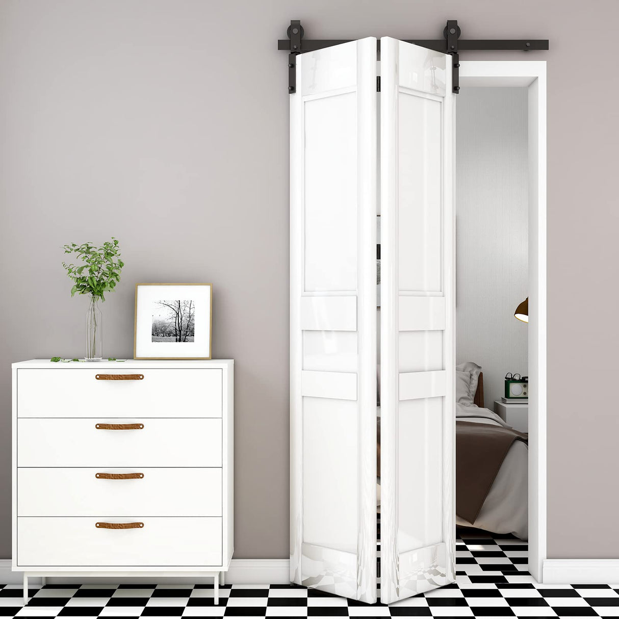 BONIKLUBA 40" Bi-folding Sliding Barn Door Hardware Kit for 2 Doors,Smoothly&Quietly,Black Track J Shape Roller-[Doors not included] BONIKLUBA