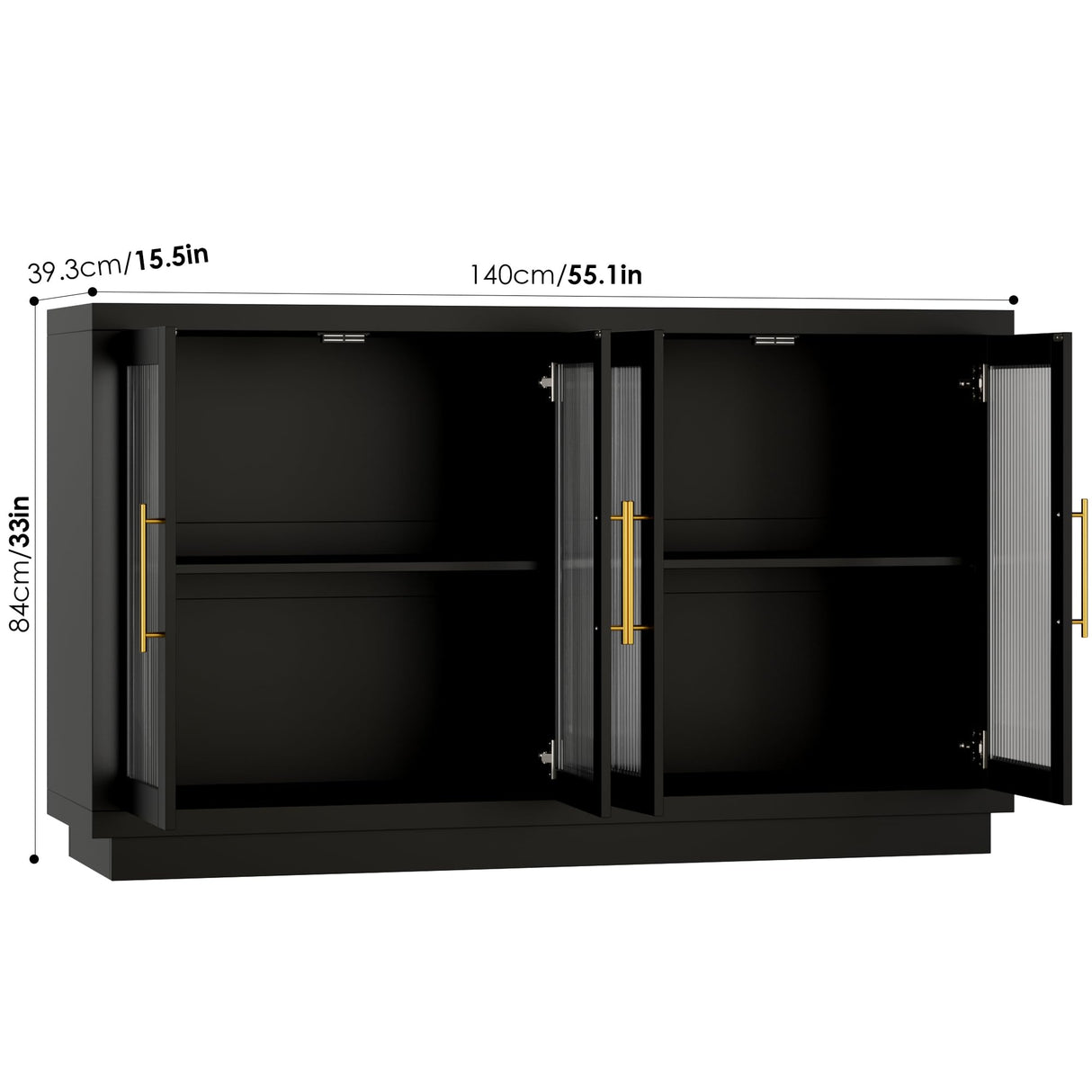 FOTOSOK Buffet Cabinet with Storage, 55.1" Large Sideboard Buffet Cabinet, Modern Sideboard Kitchen Cabinet with 4 Fluted Glass Doors, Wood Coffee Bar Cabinet Buffet Table for Kitchen, Black FOTOSOK