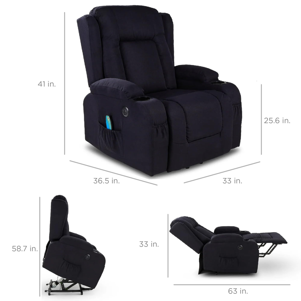 Best Choice Products Modern Linen Electric Power Lift Chair, Recliner Massage Chair, Adjustable Furniture for Back, Legs w/ 3 Positions, USB Port, Heat, Cupholders, Easy-to-Reach Button - Black Best Choice Products