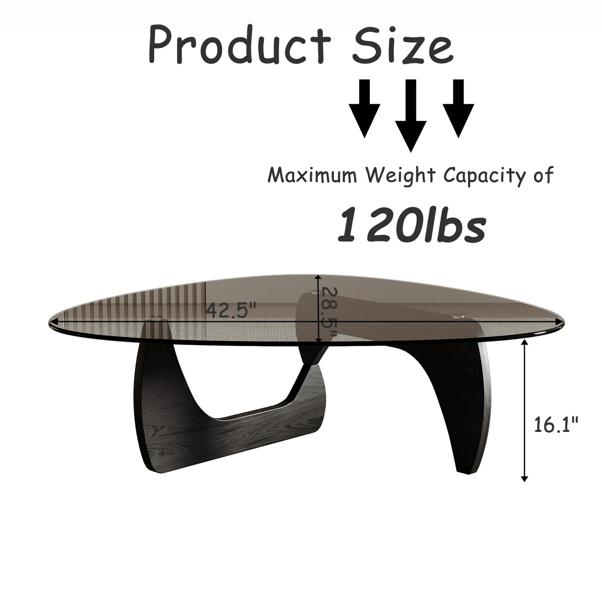 Honyee Morden Coffee Table, Tempered Glass Top Coffee Table with Wooden Legs, 42.5" x 28.5" x 16.1" Triangle Coffee Table for Living Room, Black Honyee