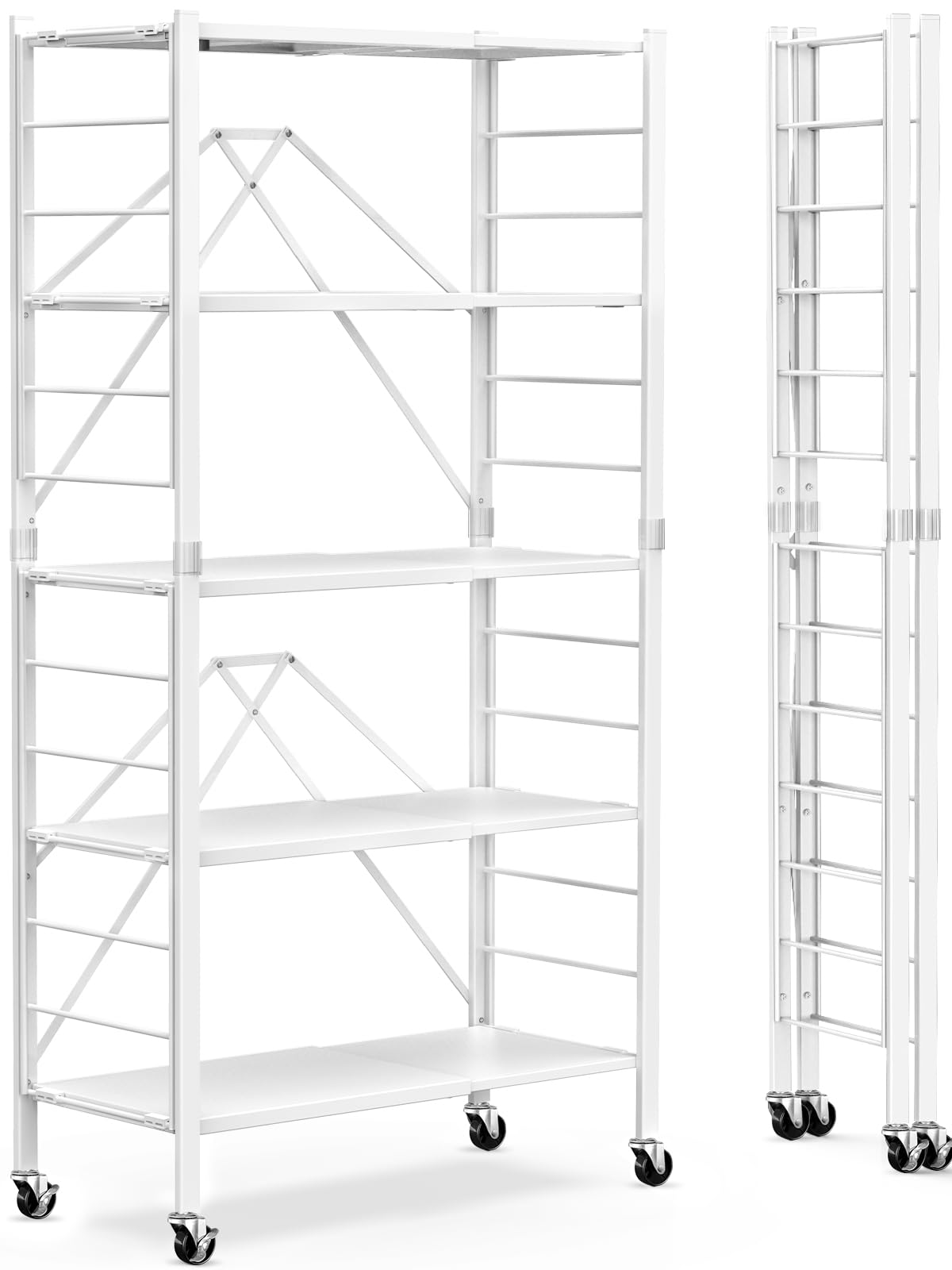 Himix 5 Tier Foldable Storage Shelves, Expandable Folding Pantry Shelf with Wheels, Changeable into 2 Shelf Units, Collapsible Storage Rack Metal Shelves for Kitchen, Room, Garage, White Himix