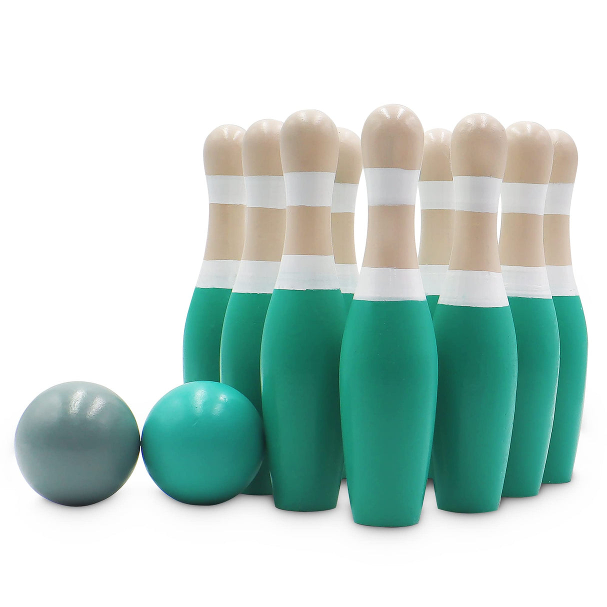 Sterling Sports Wooden Lawn Bowling 9" Skittles Set with Carrying Mesh Bag for Indoors and Outdoors - 10 Wooden Pins and 2 Balls, Green/Turquoise and Gray STERLING