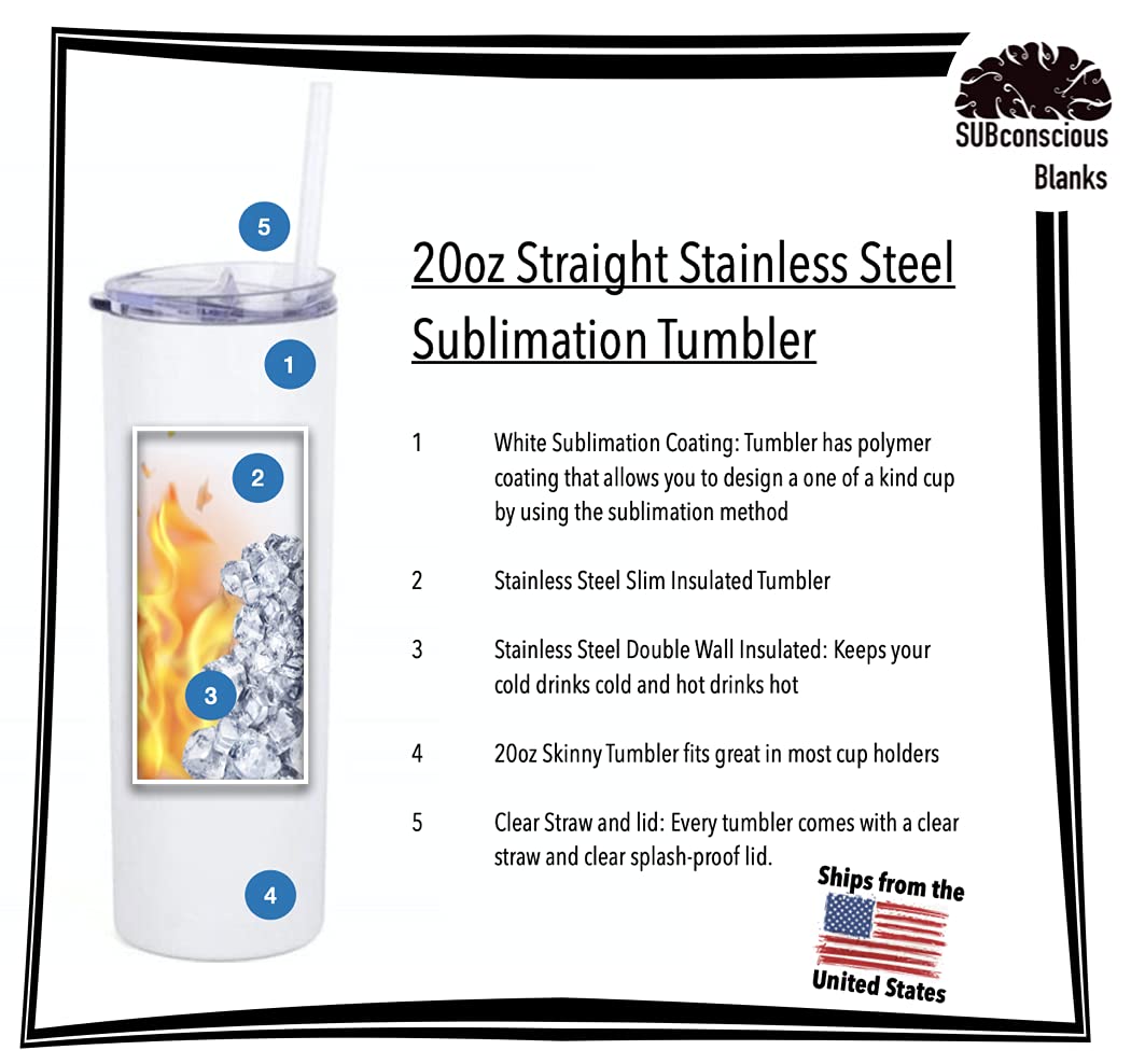 10 Pack 20oz Sublimation White Straight Skinny Tumbler with Plastic Straw, Sublimation Tumblers for Heat Transfer DIY, Sublimation Blanks, Mugs, Double Walled Stainless Steel Travel SUBconscious Blanks
