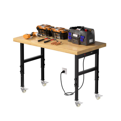 Cemostey 48" Solid Wood Work Bench with Wheels, Work Table with Power Outlet, Heavy-Duty Workbench, 3000 LBS Load Capacity Portable Workbench for Garage, Workshop, Office, Home Cemostey