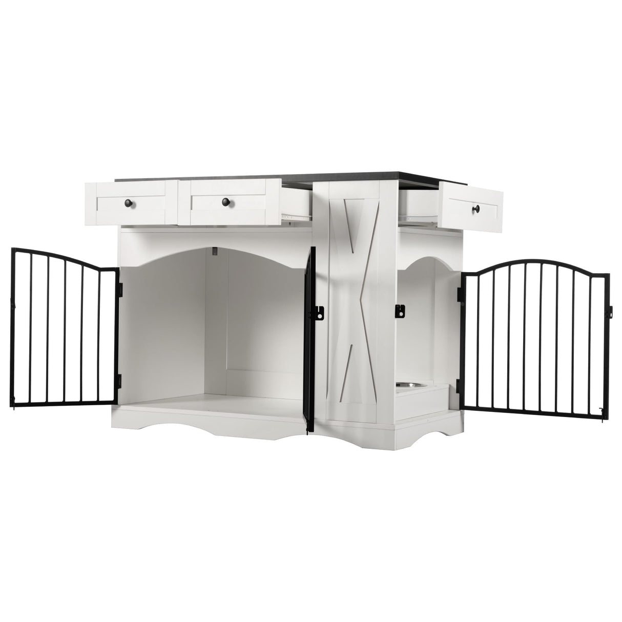 43.3" Farmhouse Dog Crate Furniture - Heavy Duty Indoor Wooden Kennel with 3 Drawers, Removable Feeder & End Table Design for Medium/Large Dogs (Black&White) MoBtovs