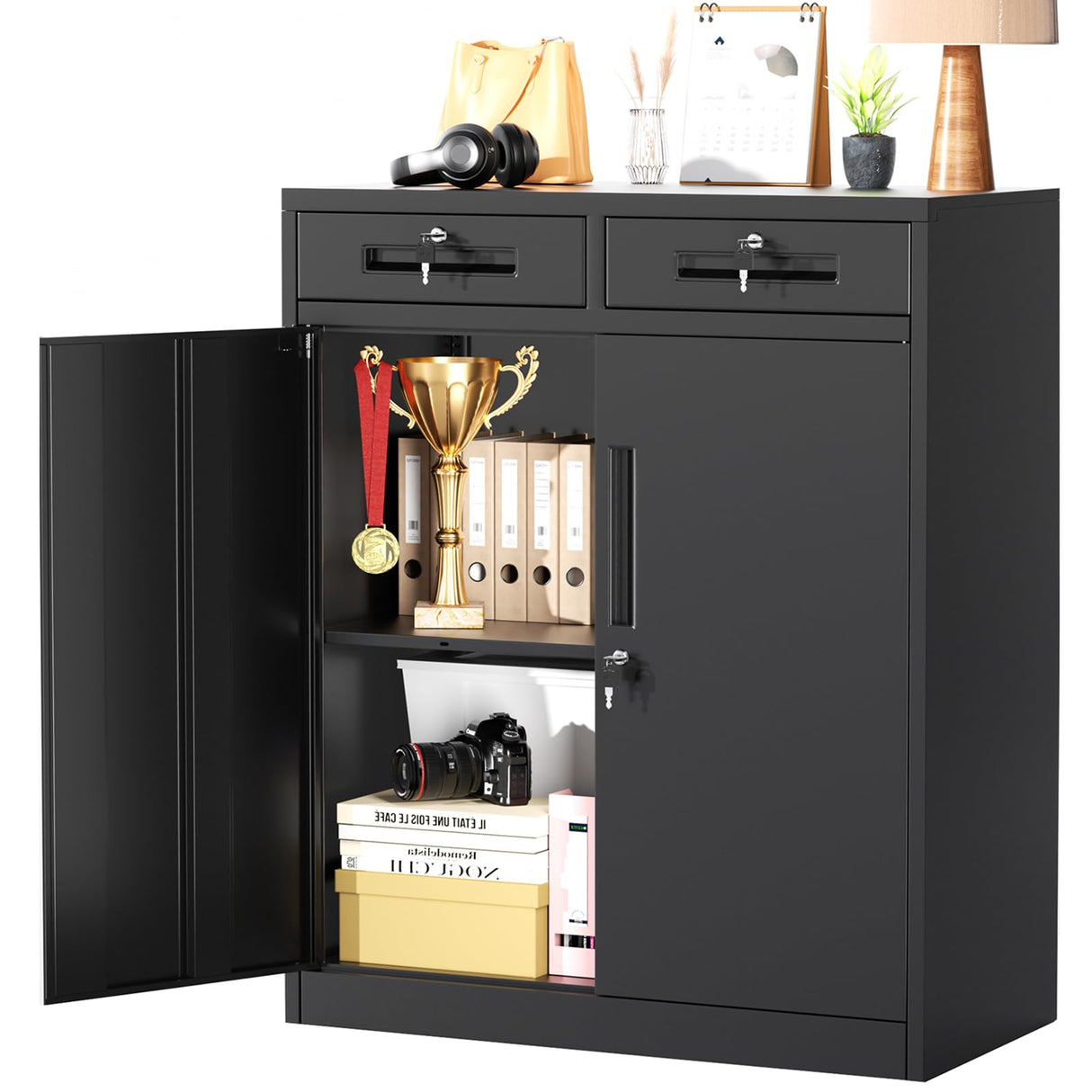 Greenvelly Metal Storage Cabinet with 2 Drawers,36" Black Metal Cabinets with Doors and Shelves, Garage Cabinet with Lock for Home Office, Garage, School, Apartment,Warehouse Greenvelly