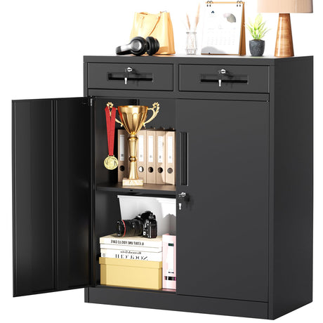 Greenvelly Metal Storage Cabinet with 2 Drawers,36" Black Metal Cabinets with Doors and Shelves, Garage Cabinet with Lock for Home Office, Garage, School, Apartment,Warehouse Greenvelly