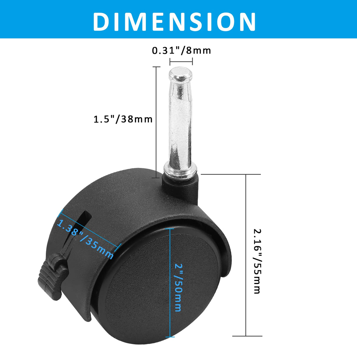 suiwotin 4pcs 2 Inch Swivel Caster Wheels, M8 Grip Neck Stem Caster Wheels with Brake, Heavy Duty Casters, Black Nylon Wheels Replacement for Furniture, Table, Cabinet, Shelf suiwotin
