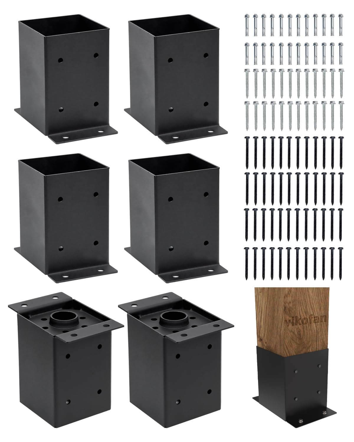 vikofan Heavy Duty 4x4 Post Base Kit - Black Powder-Coated Metal Post Brackets for 3.5"x3.5" Posts, Fit for Wood & Concrete Installations - Perfect for Deck, Fence, Mailbox, Pergola Supports  - WoodArtSupply