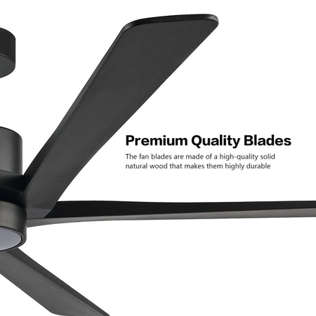 WINGBO 54" DC Ceiling Fan with Lights, 5 Carved Solid Wood Blades, 6-Speed Reversible DC Motor, Matte Black Finish Ceiling Fan with Remote, Black WINGBO