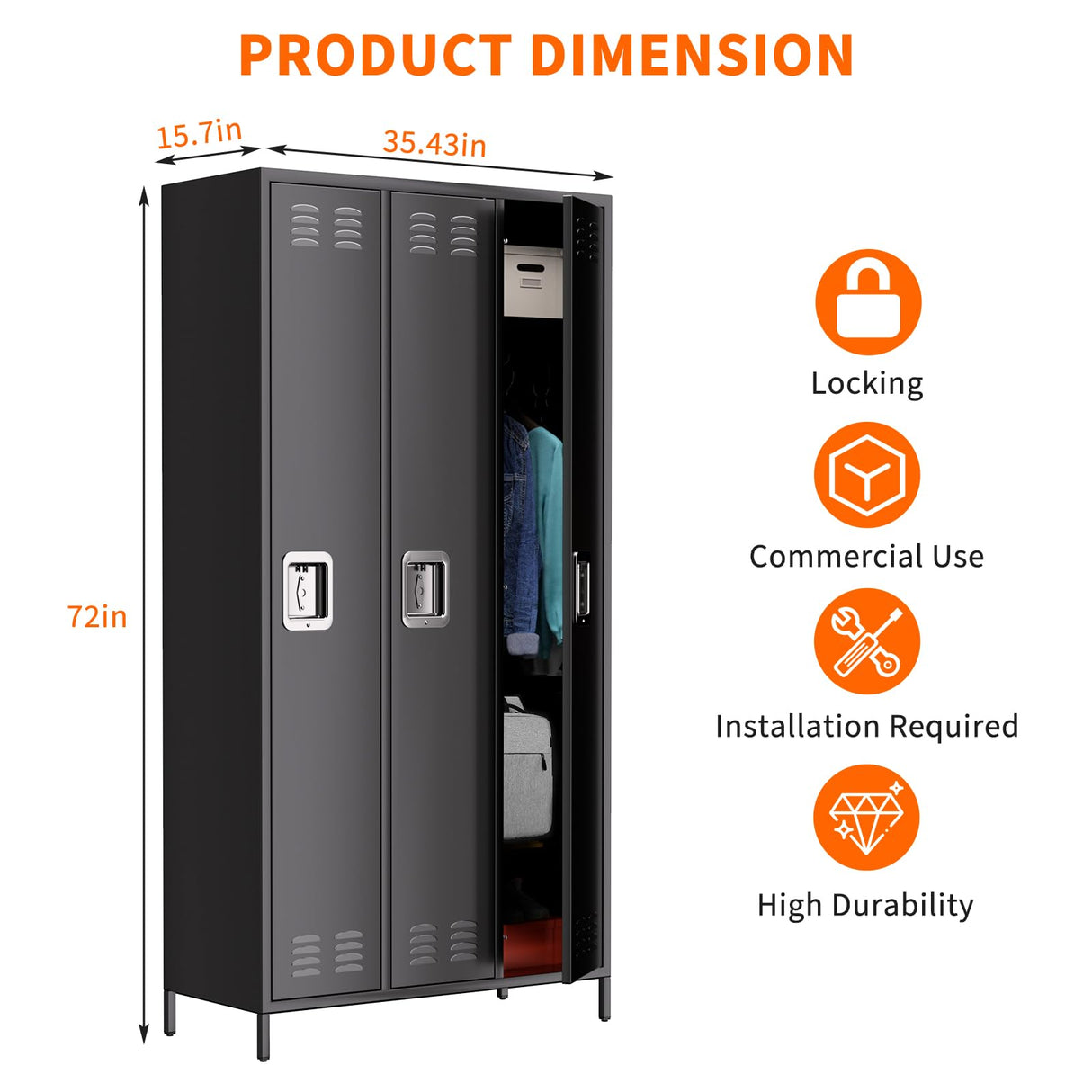 Towallmark Metal Storage Locker with 3 Doors, Metal Locker for Employees with 9 Hooks for Garage School Office Gym Home, Assembly Required, Black Towallmark