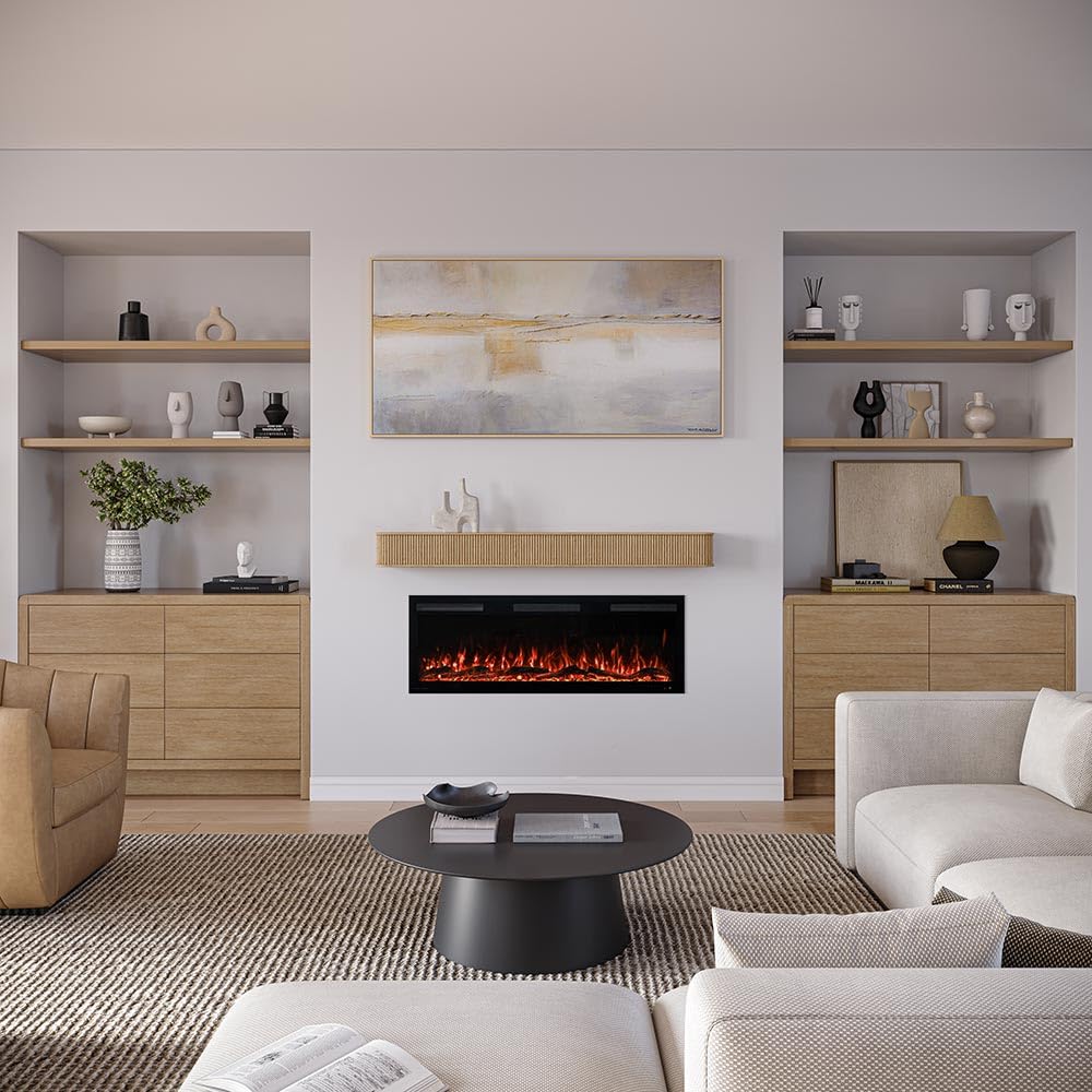 Modern Ember Alfama 60 Inch Fireplace Wood Mantel Shelf with Fluted “Reed” Details | Natural White Oak Wood | Unfinished | DIY Mounting Hardware Included | 60" W x 6" H x 8" D Modern Ember