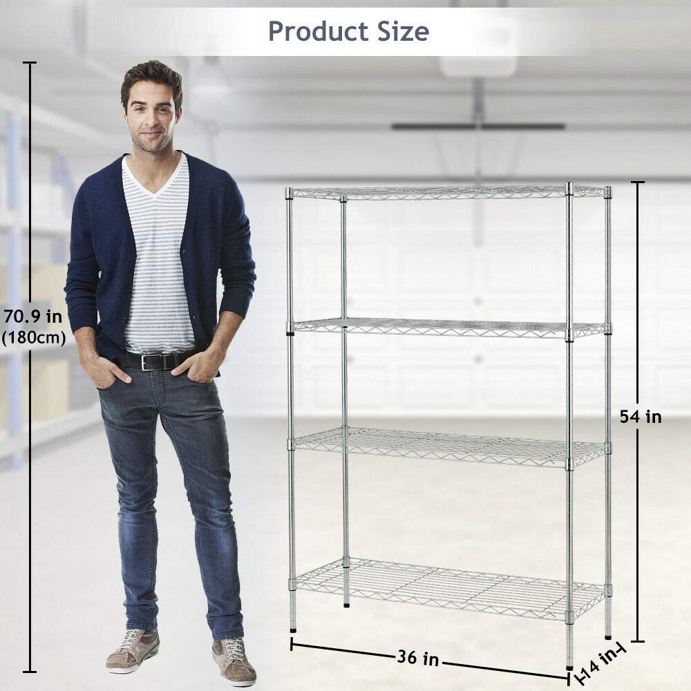 BestOffice | 4-Tier Wire Storage Shelves | 36x14x54 | Chrome | with Adjustable Racks | Heavy-Duty Metal Shelf, Holds Upto 1000 lbs | No-Tool Assembly | Ideal for Home & Garage Shelving BestOffice