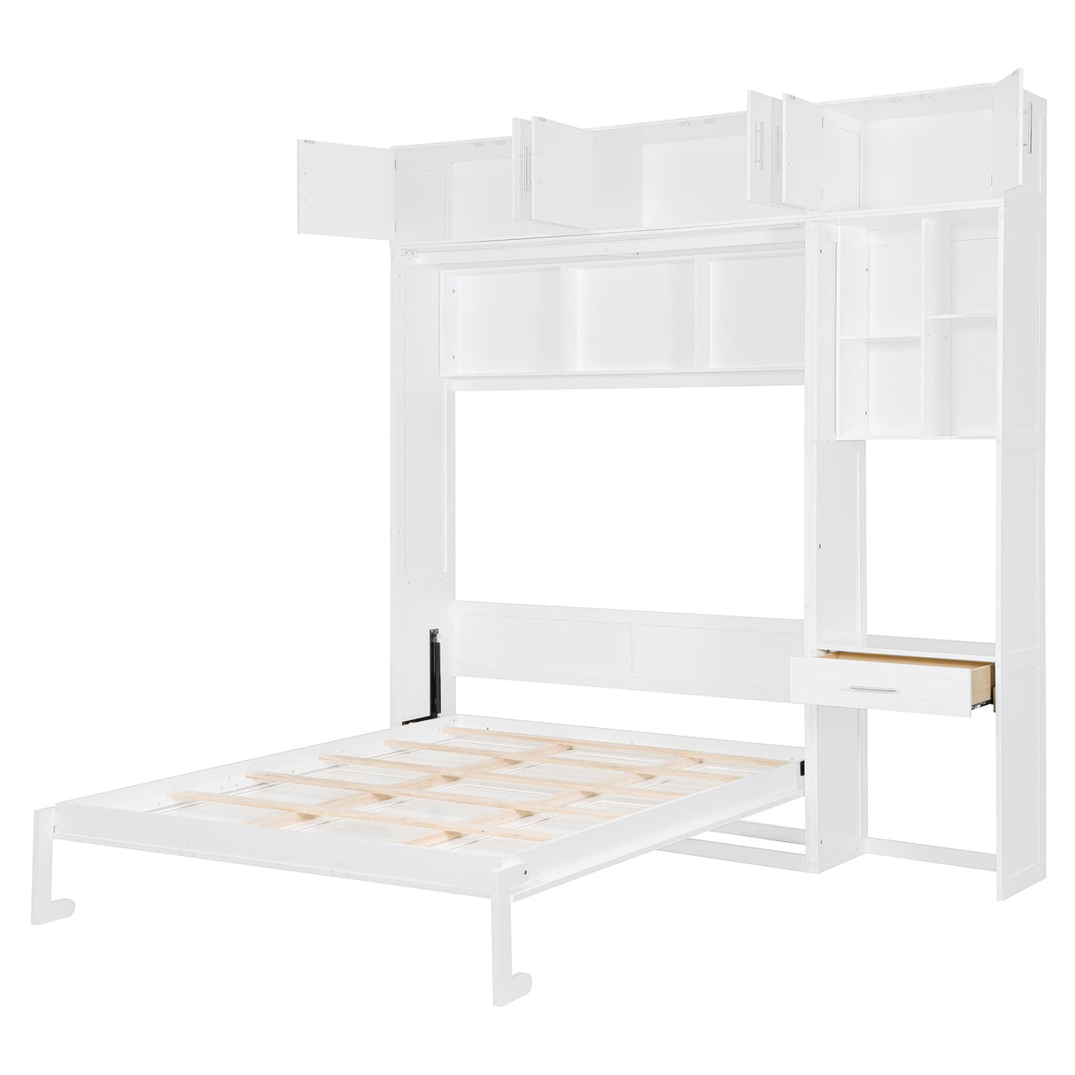 Harper & Bright Designs Queen Size Wall Murphy Bed with Desk, Wooden Queen Size Wall Bed with Storage Top Cabinet and Storage Shelves, White Harper & Bright Designs