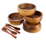 BestySuperStore Small Round Wood Bowls 4 Pcs 3¾" Diameter 1½" High Stackable Acacia Wooden Bowl Set with 4 spoons for serving salad salsa dip sauce snack cereal fruit Decor Tableware Side Dish Sets BestySuperStore