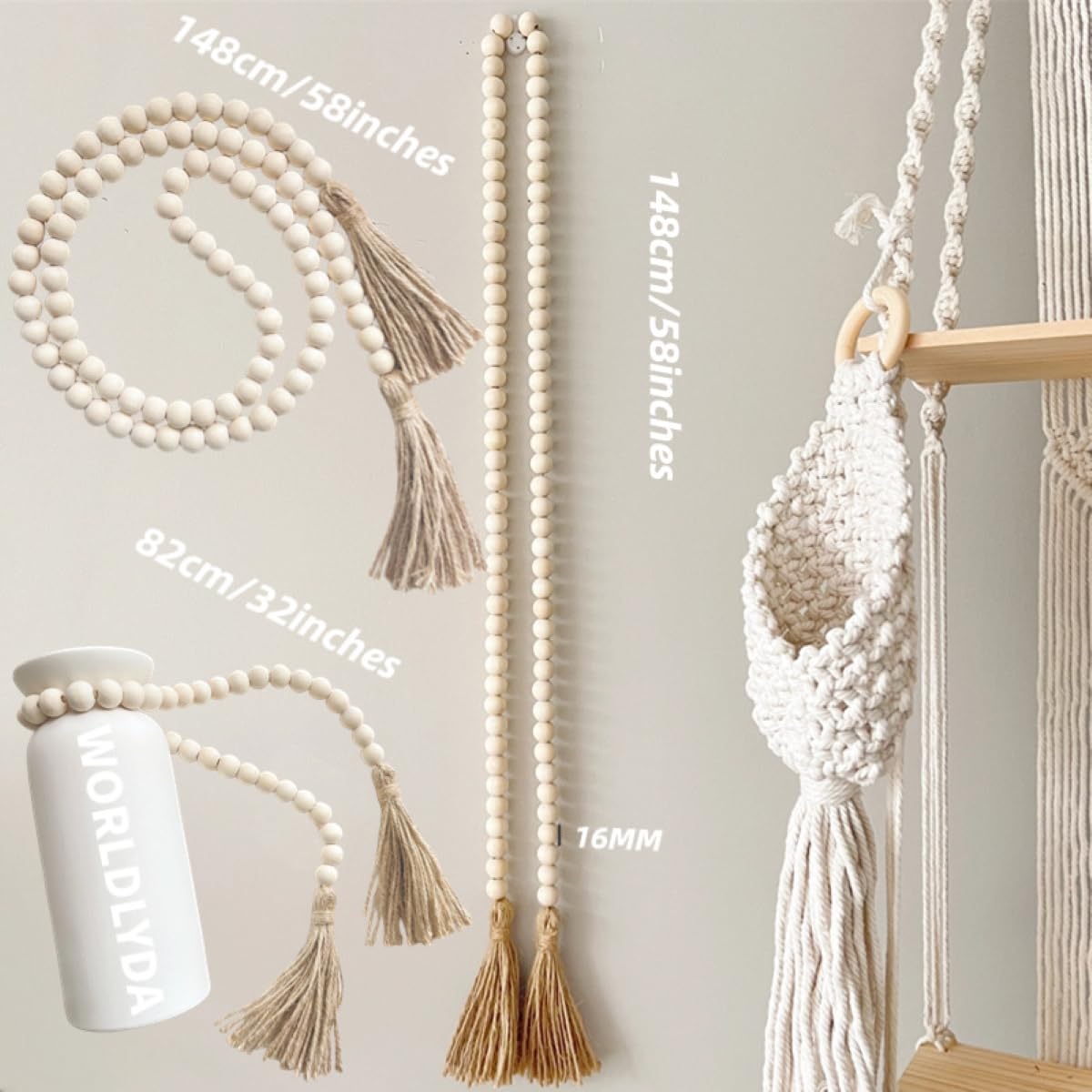 WORLDLYDA Wood Bead Garland with Tassels 58in/32in Farmhouse Wood Beads Rustic Country Decor Prayer Boho Beads Versatile Wall Hanging Home Deco (Natural 58in) Fashion Modern WORLDLYDA