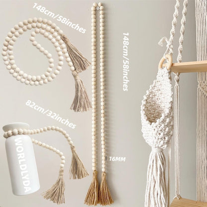 WORLDLYDA Wood Bead Garland with Tassels 58in/32in Farmhouse Wood Beads Rustic Country Decor Prayer Boho Beads Versatile Wall Hanging Home Deco (Natural 58in)