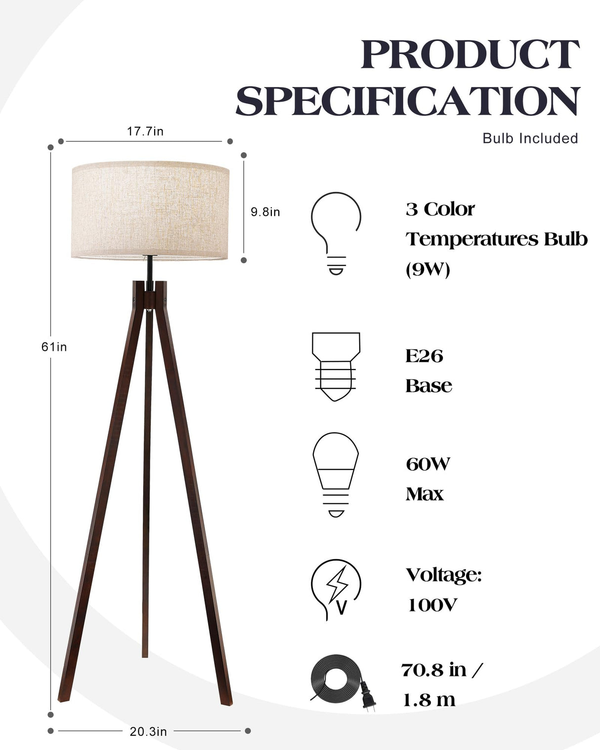 ELYONA Wood Tripod Floor Lamp for Bedroom, 3 Color Temperatures & Linen Shade, Modern Reading Standing Lamp with 9W LED Bulb, Mid Century Night Light for Farmhouse, Living Room, Office, Walnut ELYONA